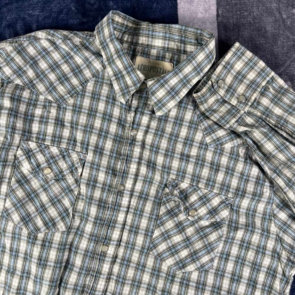Aeropostale Mens Blue Plaid Long‎ Sleeve Pearl Snap Western Shirt Size L